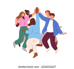 Happy team celebrating business success. Colleagues, partners group in circle, giving high five for achievement. Teamwork, unity concept. Flat graphic vector illustration isolated on white background