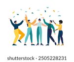 Happy team giving high five with joy, business people celebrate success in work collaboration together. celebrating teamwork in an office unity and support between colleagues. Flat vector illustration