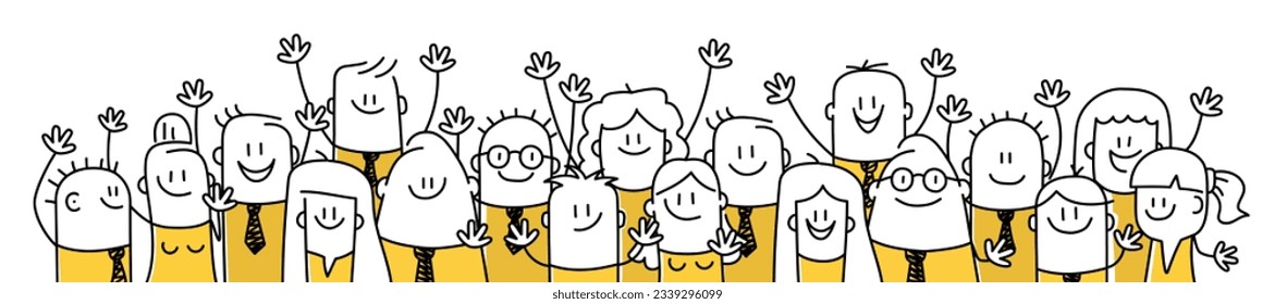 Happy team or group of friends celebrating win or goal achievement. Stick figure. Doodle style. Vector illustration.