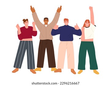 Happy team or group of friends with hands up. Victory and success concept.  Flat vector illustration isolated on white background
