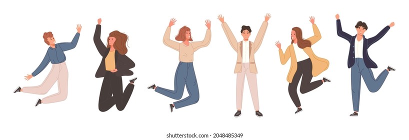 Happy Team People Celebrating Win. Group Of Friends Jumping For Goal Achievement. Vector Illustration In Cartoon Style Isolated On White Background