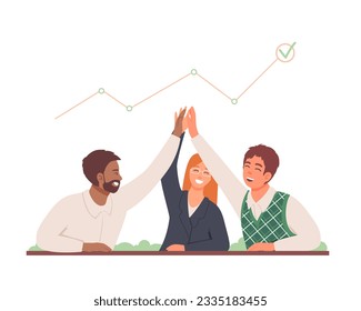 Happy team rejoices and high five. Growth and business development. Promotion at work. Growth of indicators, achievement goal, implementation of plan. Flat vector illustration