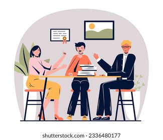 Happy team sitting at table and talking, planning together. Modern live communication. Friendship in different life situation concept. Flat vector illustration in cartoon style