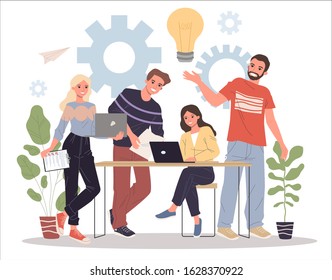 Happy team working on startup together. Men and women using laptops, lightbulb, gears flat vector illustration. Ideas, brainstorming, teamwork concept for banner, website design or landing web page