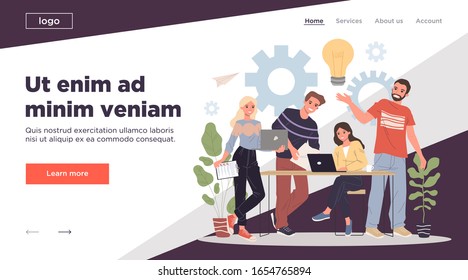 Feliz equipo trabajando juntos en el inicio. Hombres y mujeres que utilizan computadoras portátiles, bombillas, ilustraciones vectoriales planas. Ideas, brainstorming, concepto de trabajo en equipo para banner, diseño de sitios web o página web de destino
