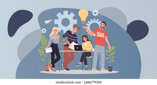 Happy team working on startup together. Men and women using laptops, lightbulb, gears flat vector illustration. Ideas, brainstorming, teamwork concept for banner, website design or landing web page
