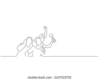 Happy Teammates In Line Art Drawing Style. Sport Celebration Of A Group Of Young People. Black Linear Sketch Isolated On White Background. Vector Illustration Design.