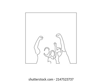 Happy teammates in line art drawing style. Sport celebration of a group of young people. Black linear sketch isolated on white background. Vector illustration design.