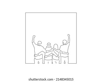 Happy teammates in line art drawing style. Sport celebration of a group of young people. Black linear sketch isolated on white background. Vector illustration design.