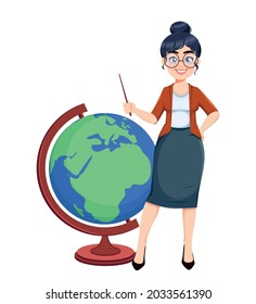 Happy Techer day. Cute female teacher cartoon character standing with big globe while geography lesson