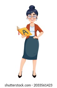 Happy Techer day. Cute female teacher cartoon character holding primer book