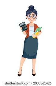 Happy Techer day. Cute female teacher cartoon character holding calculator