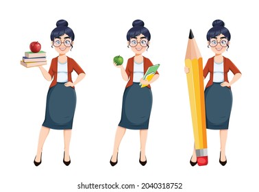 Happy Techer day. Cute female teacher cartoon character, set of three poses