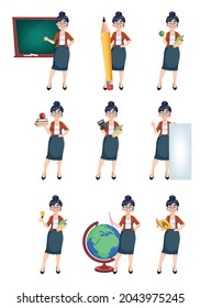 Happy Techer day. Cute female teacher cartoon character, set of nine poses