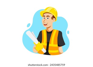 Happy technician man cartoon holding paper plan on isolated background, Vector illustration.