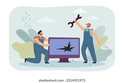 Happy technicians repairing broken TV vector illustration. Cartoon drawing of men fixing monitor or TV screen, no electronic waste. Repair service, technology, e-waste concept