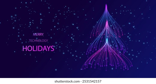 Happy technology Holidays. Holiday tree in high tech style. Neon futuristic digital holiday business card. Merry Christmas and Happy New Year. Big data analytics visualization tree.