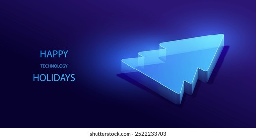 Happy technology Holidays. Isometric holiday tree in high tech style. Neon futuristic digital holiday business card. Merry Christmas and Happy New Year.