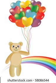 Happy teddy bear with balloons standing on the rainbow background