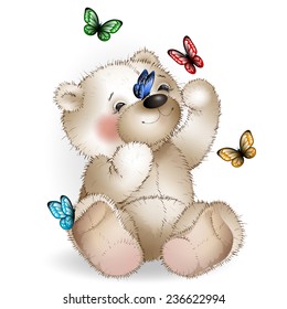 Happy Teddy bear and butterflies. The white background.