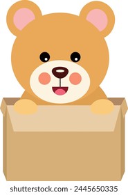 Happy teddy bear in cardboard box