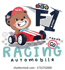 Happy teddy bear cartoon driving race car crossing finish line illustration. /Vector print for children wear.