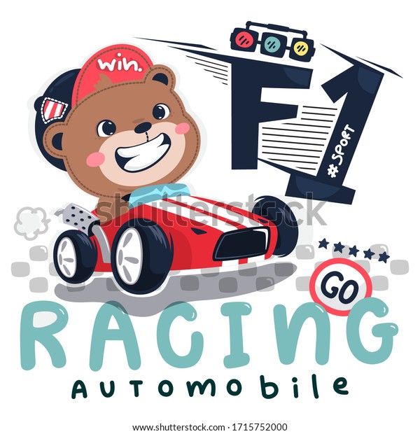 Happy\
teddy bear cartoon driving race car crossing finish line\
illustration. /Vector print for children\
wear.