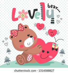 Happy teddy bear cartoon wearing ribbon bow on head with big heart in the forest on polka dot background illustration vector.