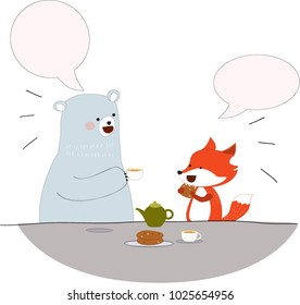 Happy teddy bear and fox are friend talk and smile, satisfied feeling, cute cartoon flat design, hand draw doodle comic style, illustration vector