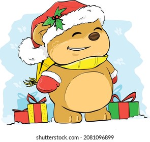 Happy teddy bear with gift boxes wearing gloves and papa noel hat. Merry Christmas and a happy new year. Santa Claus. illustration.