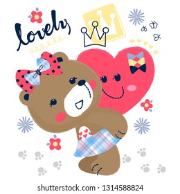 Happy teddy bear girl cartoon wearing ribbon bow on head with big heart isolated on white background illustration vector.