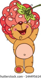 Happy teddy bear holding a big raspberry
