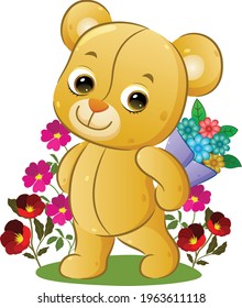 The happy teddy bear is holding a bucket of flowers behind his back in the garden of illustration