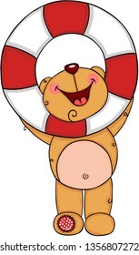 Happy teddy bear holding a help save life float