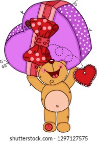 Happy teddy bear holding a large purple gift box heart