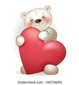 Happy Teddy bear hugging a huge heart. The white background.