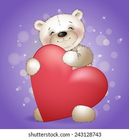 Happy Teddy bear hugging a huge heart