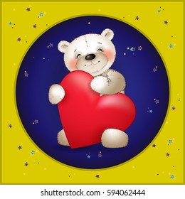 Happy Teddy bear hugging a huge heart. The white background.