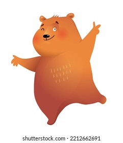 Happy Teddy Bear Mascot Dancing Or Showing. Cute Bear Posing, Cute Animal Clipart For Kids. Vector Illustration In Watercolor Style.