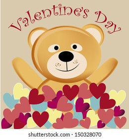 a happy teddy bear with open arms celebrating valentine's day with a lot of hearts