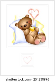 Happy Teddy bear in the pillows with a mug . A greeting card. Vector illustration