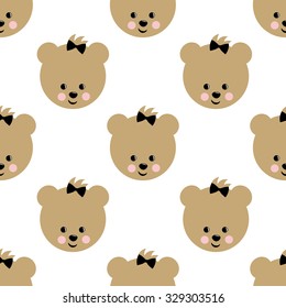 Happy teddy bear seamless pattern. Cute vector background with girl teddy bear. Child style illustration.