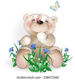 Happy Teddy bear sits in a meadow flowers