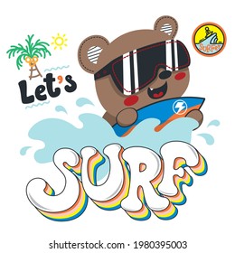 Happy teddy bear surfing on wave isolated on white background illustration vector, cool graphic t-shirts for kids. 