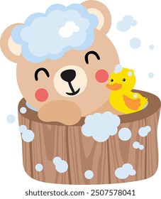 Happy teddy bear taking a bath in wooden tub
