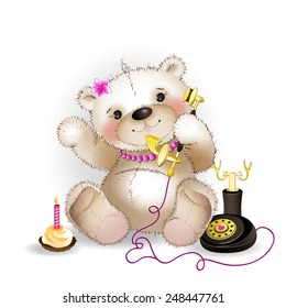 Happy Teddy Bear talking on the phone. The white background.