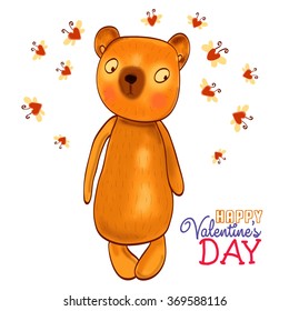 Happy Teddy bear Valentine's Day white background with hearts bees