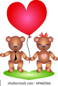 Happy Teddy Bears couple holds red heart-shaped balloo n.