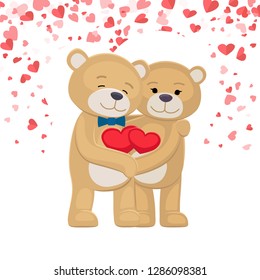 Happy teddy bears family holding red heart in paws, isolated on background of symbols of love. Male and female plush toys celebrating Valentines Day