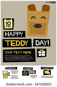 Happy Teddy Day 10 February (Flat Style Vector Illustration Love Valentine Week Poster Design) Event Invitation with Venue and Time Details